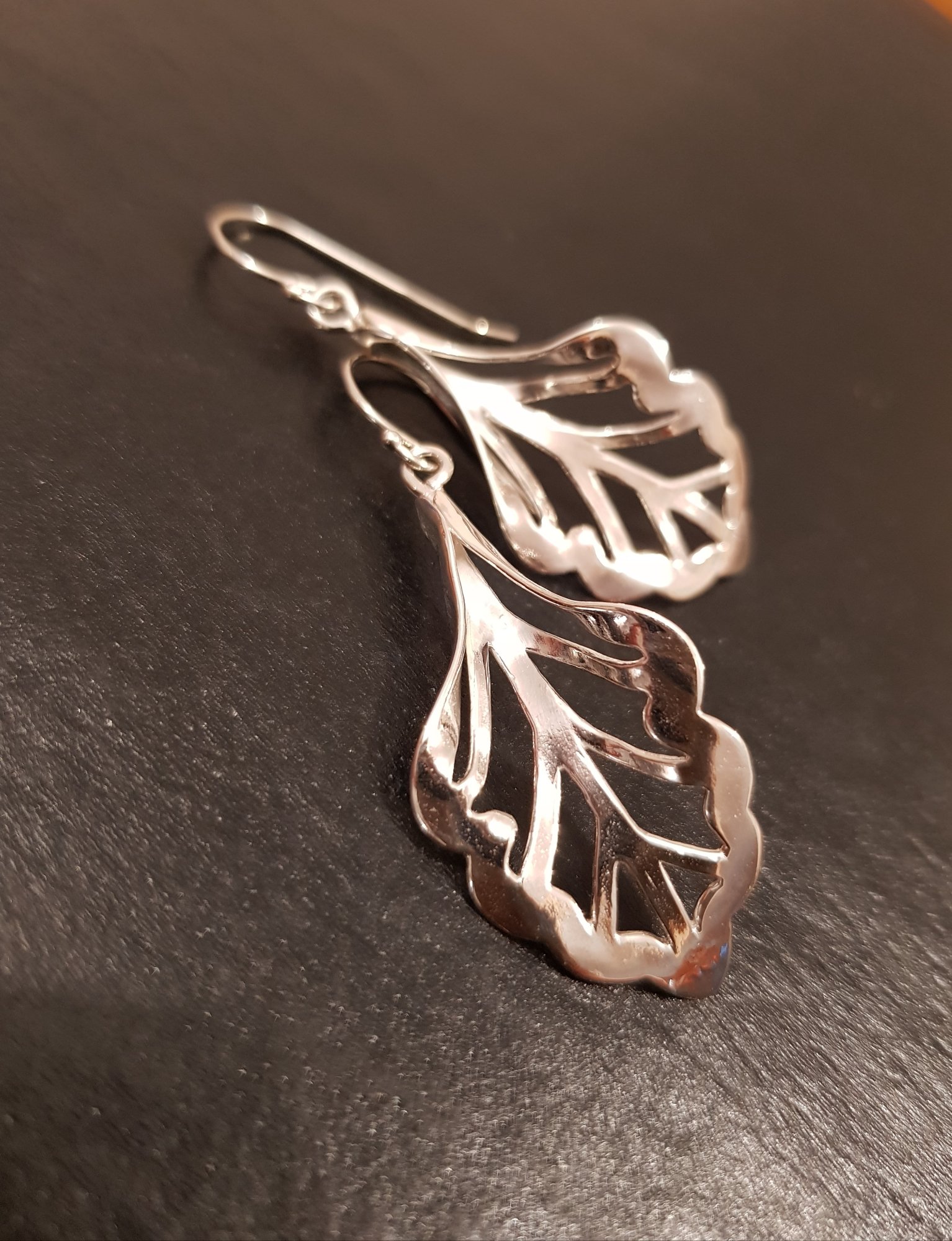 Hand-crafted sterling silver pierced leaf drop earrings by Kovarskis Collection — one-of-a-kind jewellery, Adelaide Hills SA